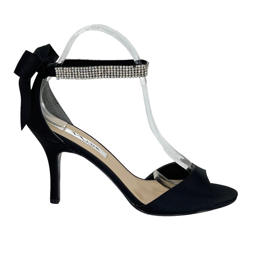 Nina Vinnie Black Satin Womens Heels 10M Rhinestone Ankle Strap - Picture 2 of 11